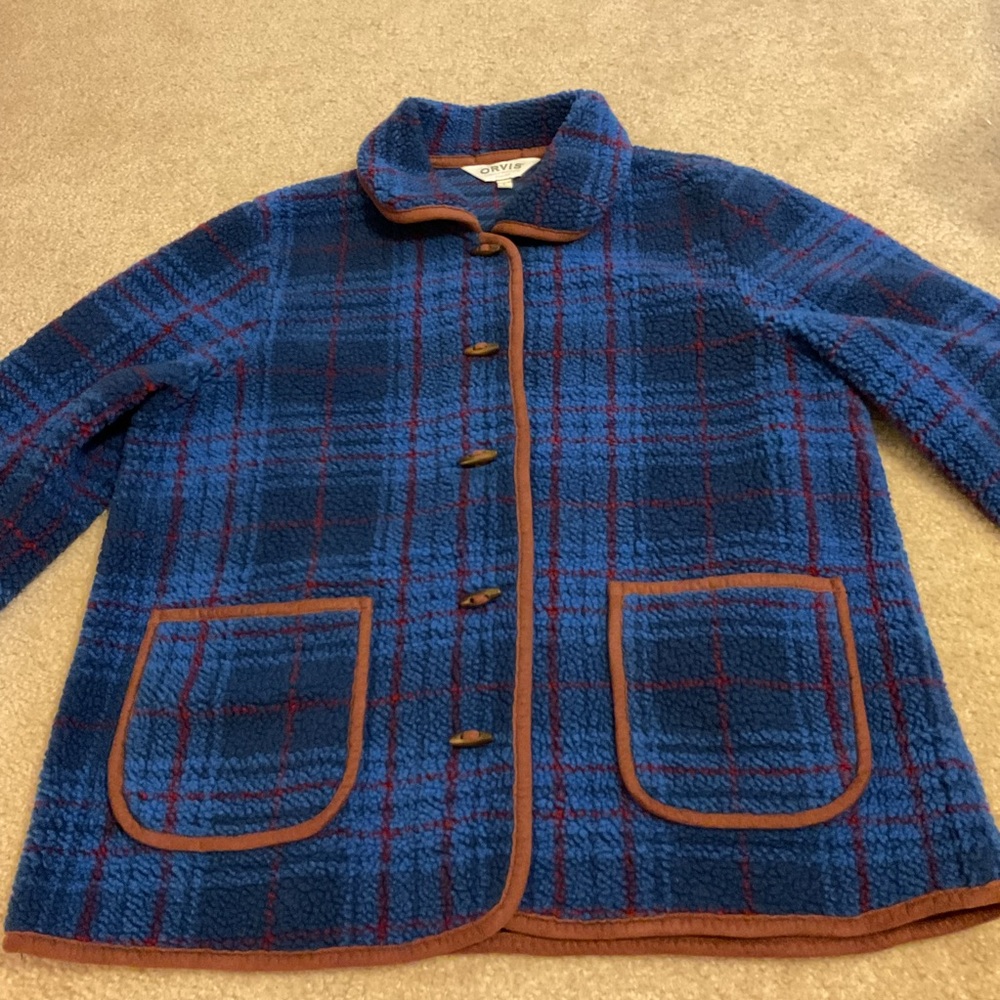 Orvis Blue Burgundy Plaid & Brown Trim Toggle 5 Button Down Fleece Jacket Blazer - Picture 6 of 15